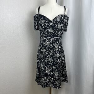 VTG Rampage Dress Womens 9 Black Floral Mini Off Shoulder Fit Flare Romantic Y2K